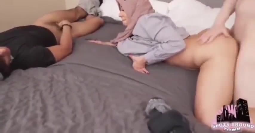 Muslim cuck watching his hijabi wife enjoy a big white cock